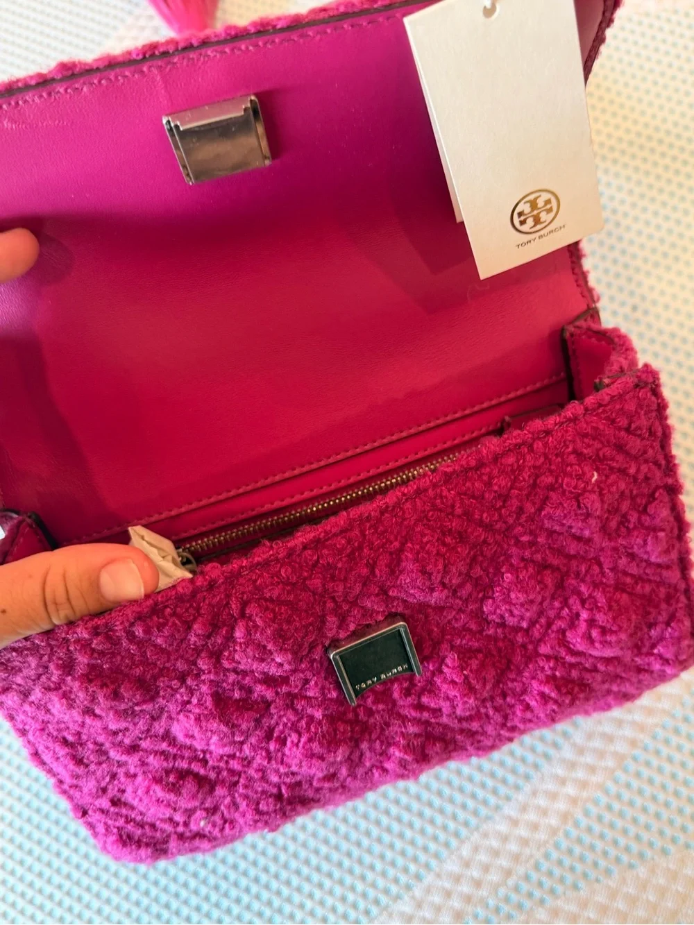 Tory Burch Magenta Quilted Bouclé Shoulder Bag with Chain Strap
